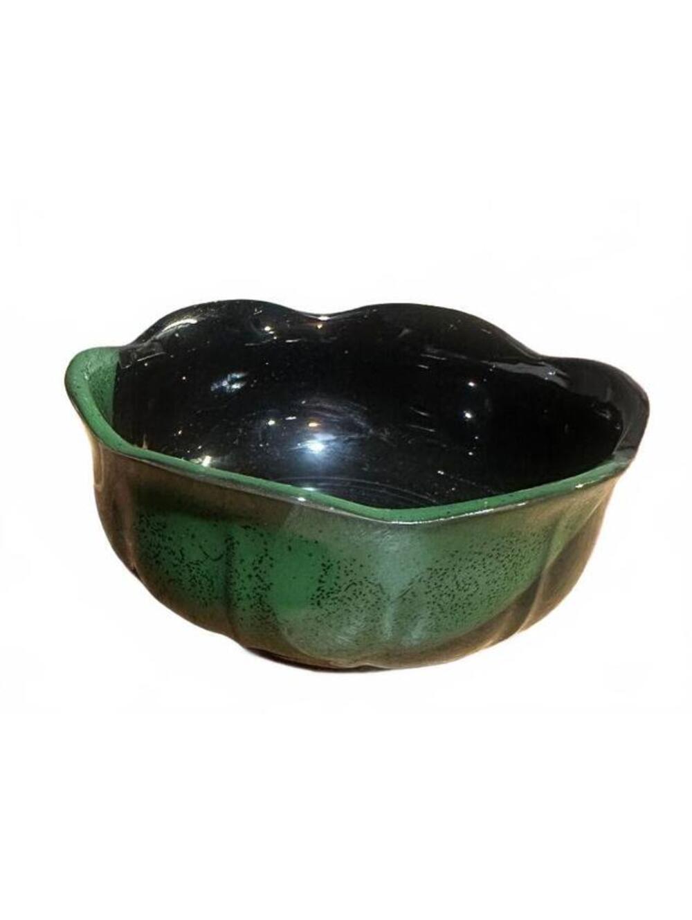Vintage Black Green Art Pottery Bowl Scalloped Rim 4.5"